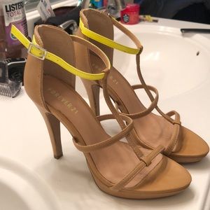 Nude heels with yellow ankle strap